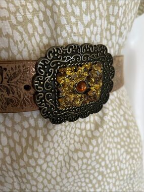 Tooled Tan Leather Belt with Ornate Amber Buckle